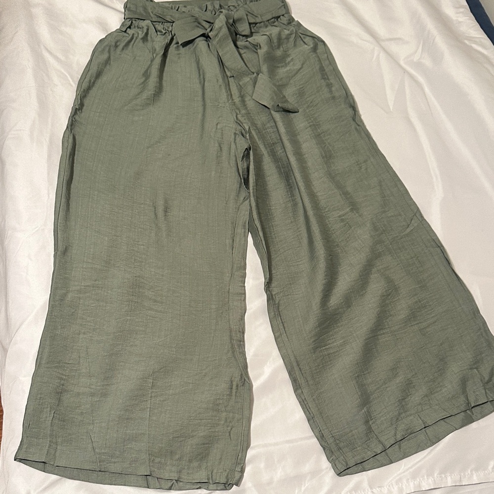 High-Waist Tie-Waist Wide Leg Pants - Olive Green